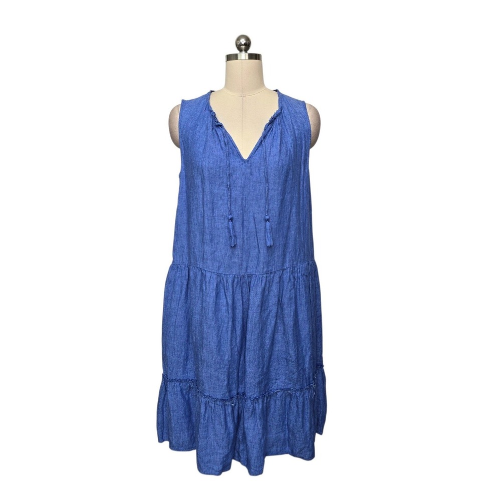 J.McLaughlin Blue 100% Linen Sleeveless Tiered Tassel V-Neck Midi Dress Medium